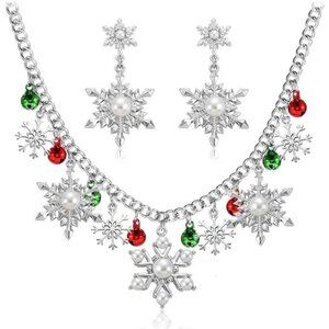 New Colorful Snowflake Charm Necklace & Earrings Set, Sparkly Christmas Jewelry